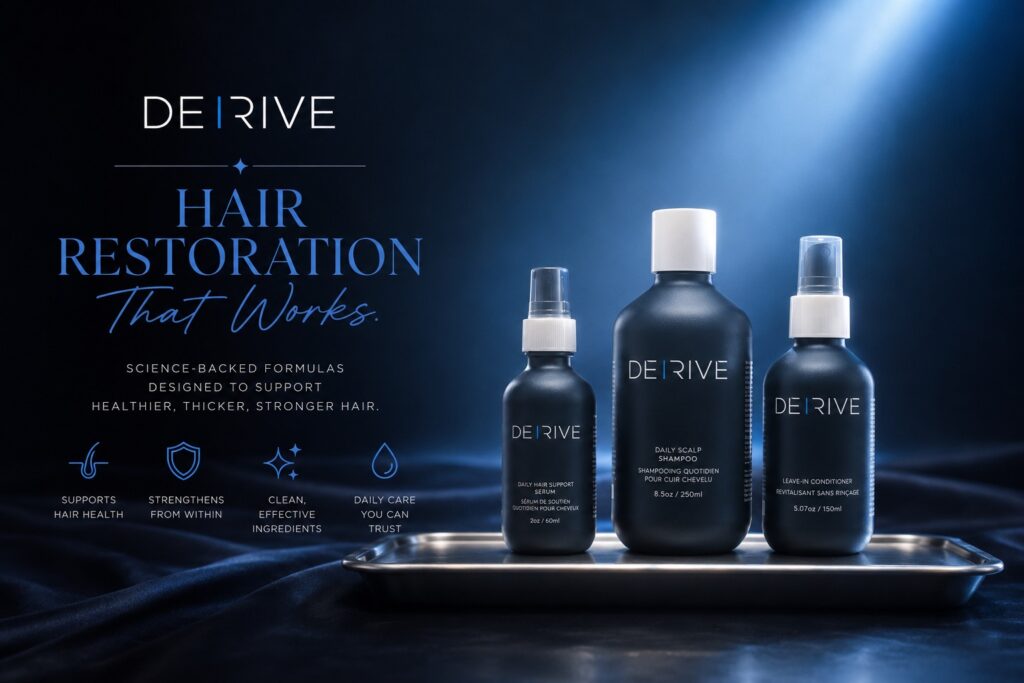 Promotional graphic for DERIVE Hair Restoration featuring three hair care products—a Daily Hair Support Serum, Daily Scalp Shampoo, and Leave-In Conditioner—displayed on a sleek metal tray against a dark navy background with a soft spotlight. Large blue and white text reads, "Hair Restoration That Works," followed by, "Science-backed formulas designed to support healthier, thicker, stronger hair." Four icons highlight key benefits: supports hair health, strengthens from within, clean, effective ingredients, and daily care you can trust. The overall design is modern, premium, and clinical, emphasizing professional hair restoration and scalp care.