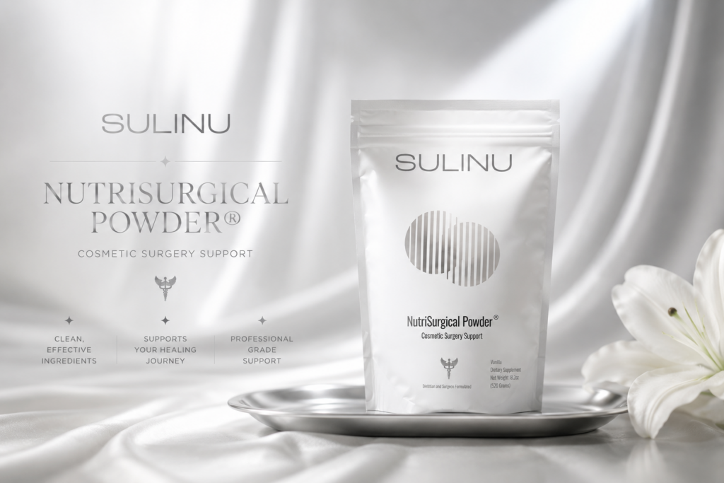 SULINU NutriSurgical Powder cosmetic surgery support supplement in elegant white packaging displayed on a silver tray with white lilies and a soft satin background, highlighting premium post-surgery nutrition and recovery support.