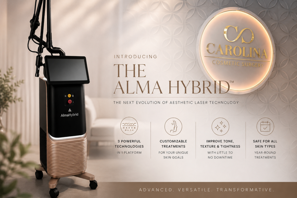 Promotional graphic introducing the Alma Hybrid laser at Carolina Cosmetic Surgery, featuring the advanced laser device in a luxury aesthetic office with text highlighting customizable treatments, improved skin tone, texture and tightness, minimal downtime, and safe treatment for all skin types.