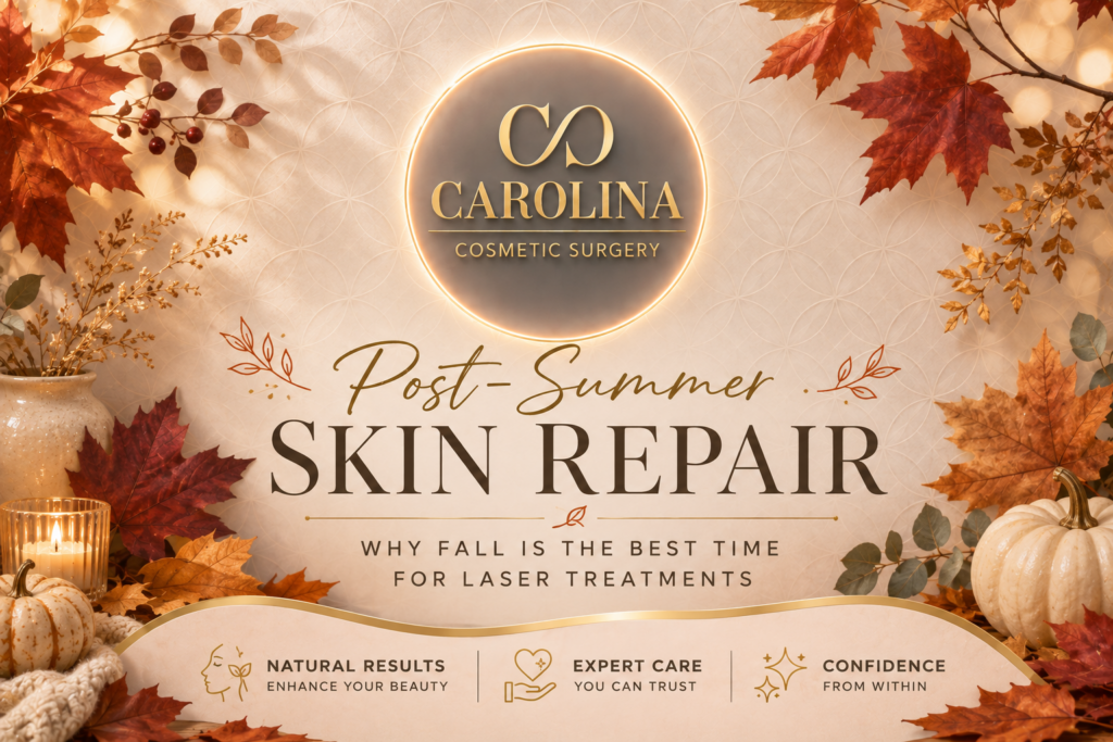 Post-summer skin repair and fall laser treatments at Carolina Cosmetic Surgery, featuring a luxury autumn design with fall leaves, pumpkins, and the Carolina Cosmetic Surgery logo.