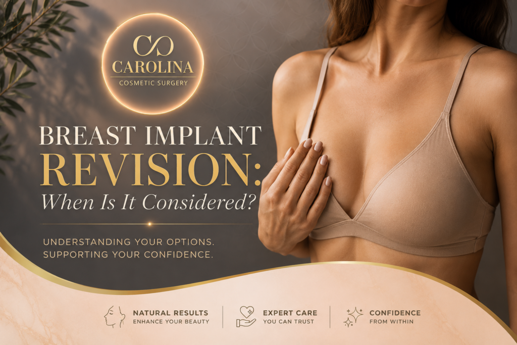 Luxury Carolina Cosmetic Surgery graphic featuring the title “Breast Implant Revision: When Is It Considered?” with the practice logo, a woman in a neutral bra, and elegant gold and beige design elements.